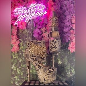 Snake Print Gold Chain Platform Booties